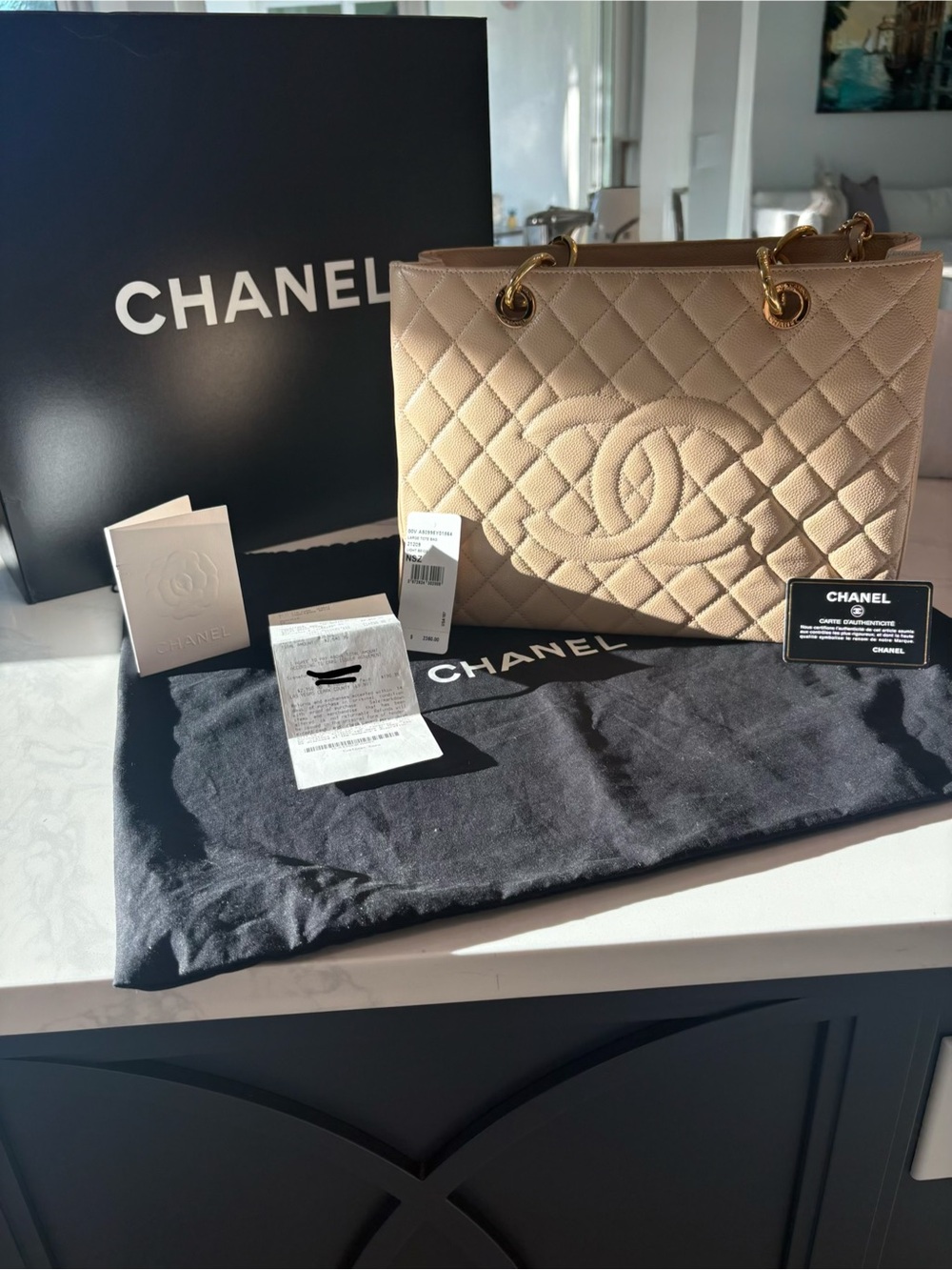 CHANEL Quilted Beige Caviar Leather GST Tote